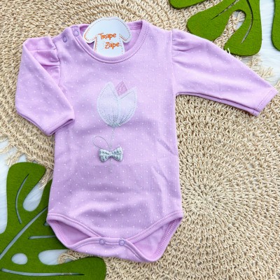 Kit 3 Peças - Bodys Manga Longa Passarinha com Flores - Rosa e Lilás